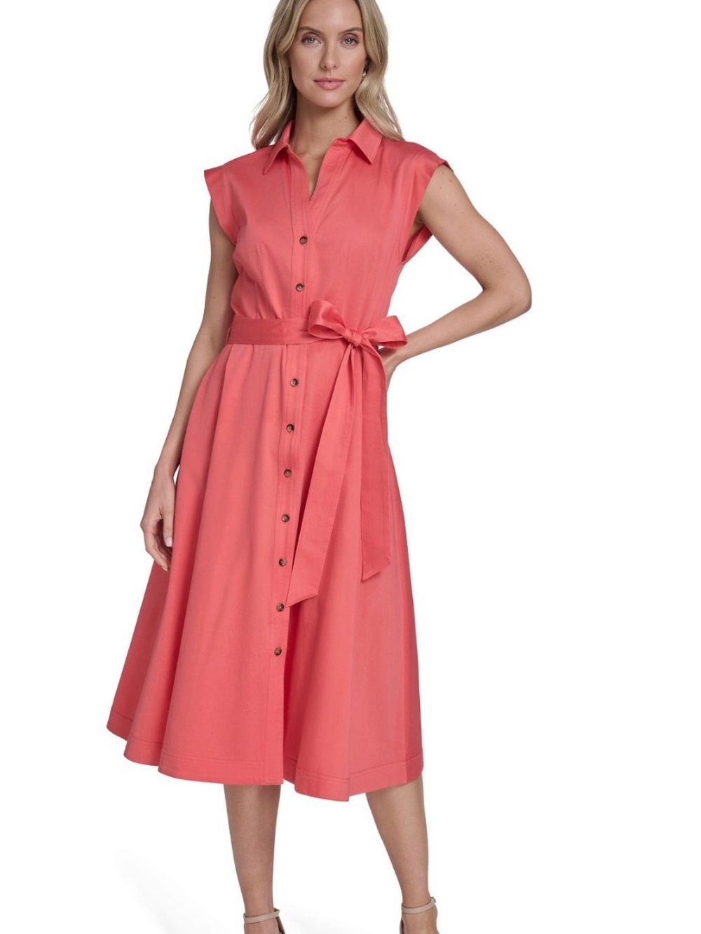 Calvin Klein Coral Button-Front Tie Waist Sleeveless Midi Dress